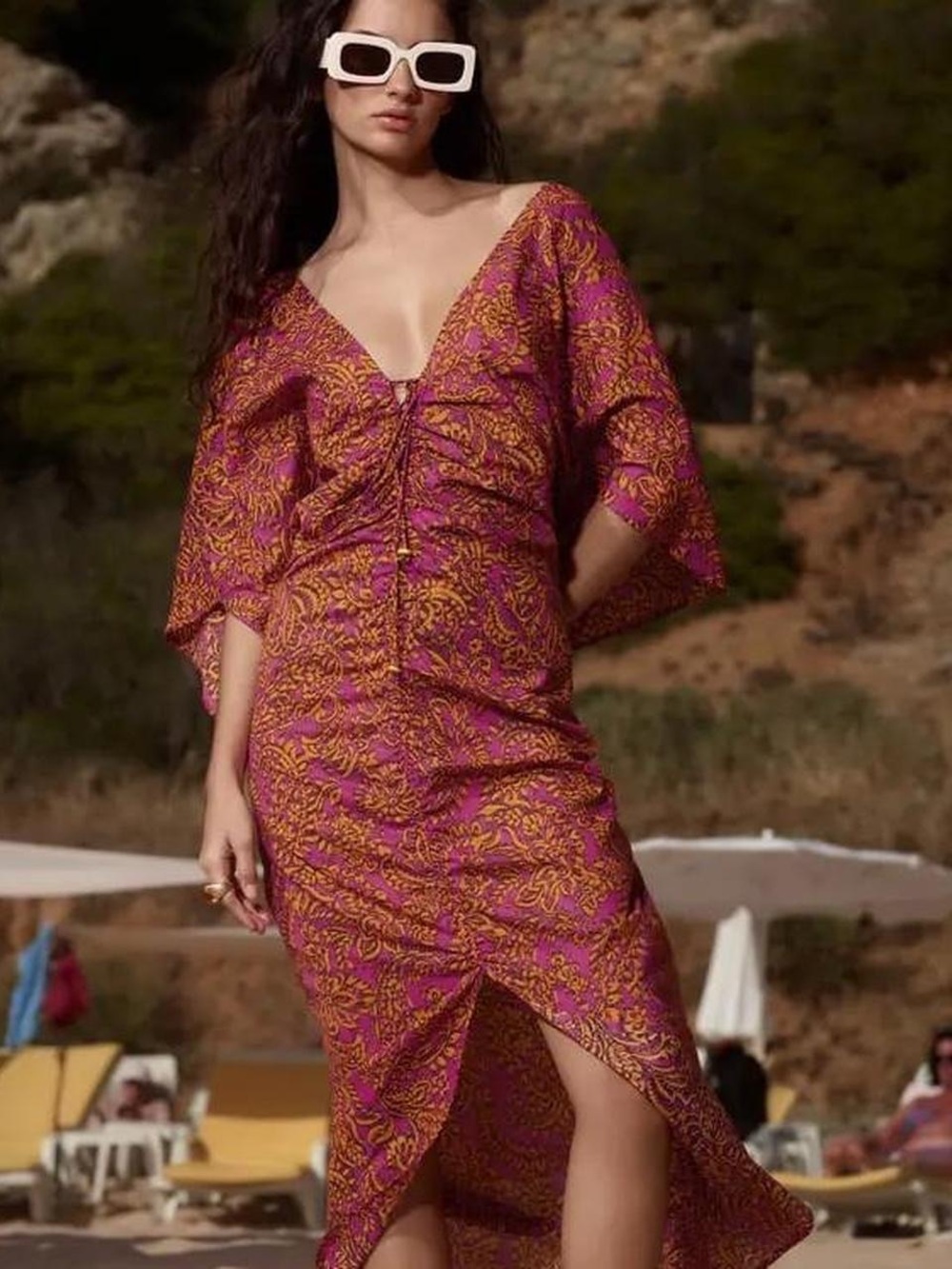 Zara Gathered Kaftan Dress.  V Neckline With Gathering & Drawstrings.